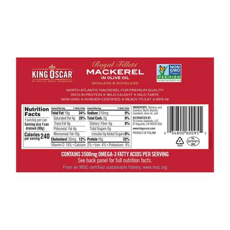 King Oscar Royal Fillet Skinless/Boneless Mackerel In Olive Oil 4.05 oz., PK12 10034800600952